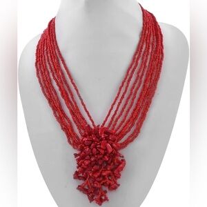 NWT | FOCUS Red Multi Strand Beaded Statement Boho Style Bib Necklace